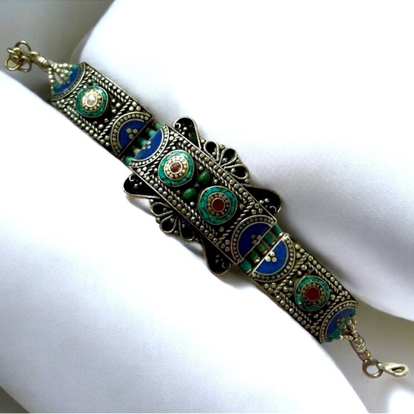 NEW Handmade Tibetan Silver with Genuine Lapis, Turquoise & Coral Bracelet. - Picture 1 of 8